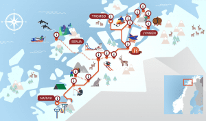 Image map of the arctic route public coach transportation route with activity icons along the way in Troms region of Arctic Norway