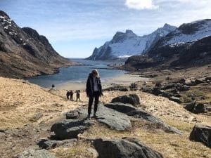 Woman posing on beach in Lofoten during Elijazzen Festival in April 2018