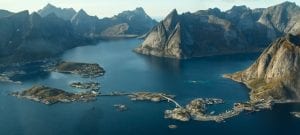 Lofoten Islands in Norway from above with mountain fjords and sea of water