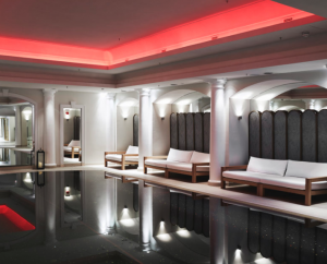 Britannia Hotel Pool Area with seating area and red led lights